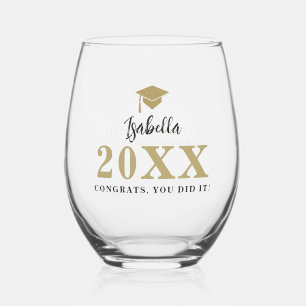 Gold Graduation Cap Caligraphy Personalised Gift Stemless Wine Glass