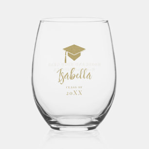 Gold Graduation Cap Calligraphy Custom Grad Gift Stemless Wine Glass