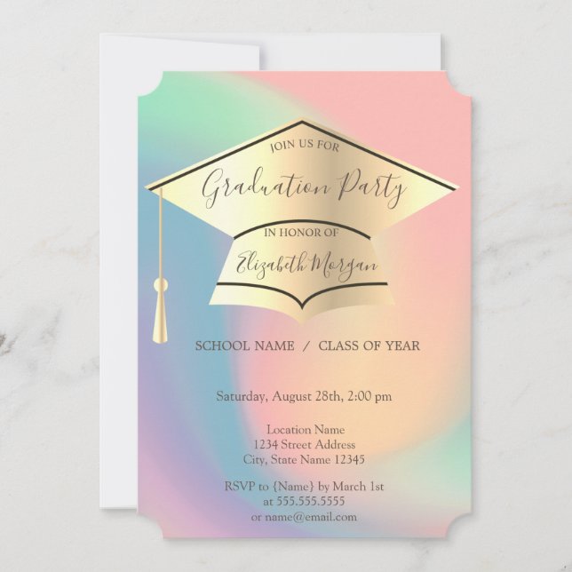 Gold Graduation Cap,Colourful Graduation Invitation (Front)