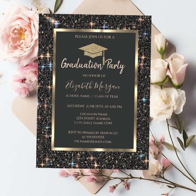  Gold Graduation Cap Dark Glitter Graduation Invitation (Creator Uploaded)