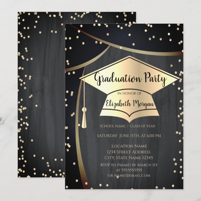 Gold Graduation Cap,Diamonds Black Graduation Invitation (Front/Back)