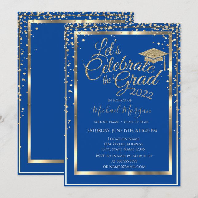 Gold Graduation Cap Diamonds Blue Graduation   Invitation (Front/Back)