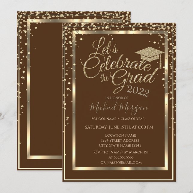 Gold Graduation Cap Diamonds Brown Graduation  Invitation (Front/Back)