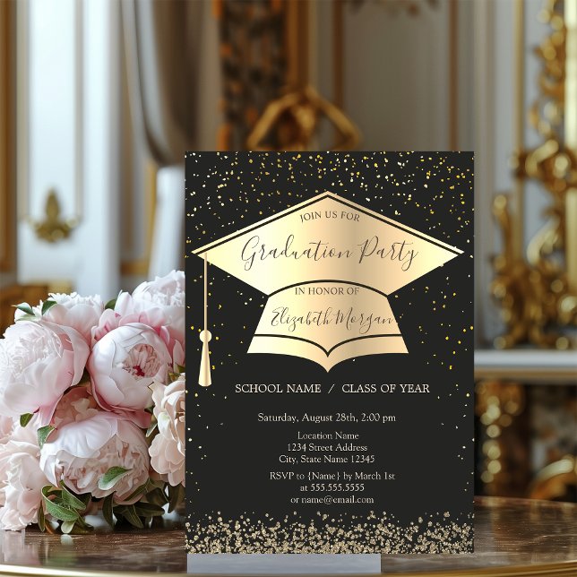 Gold Graduation Cap,Diamonds Confetti Graduation Invitation (Creator Uploaded)