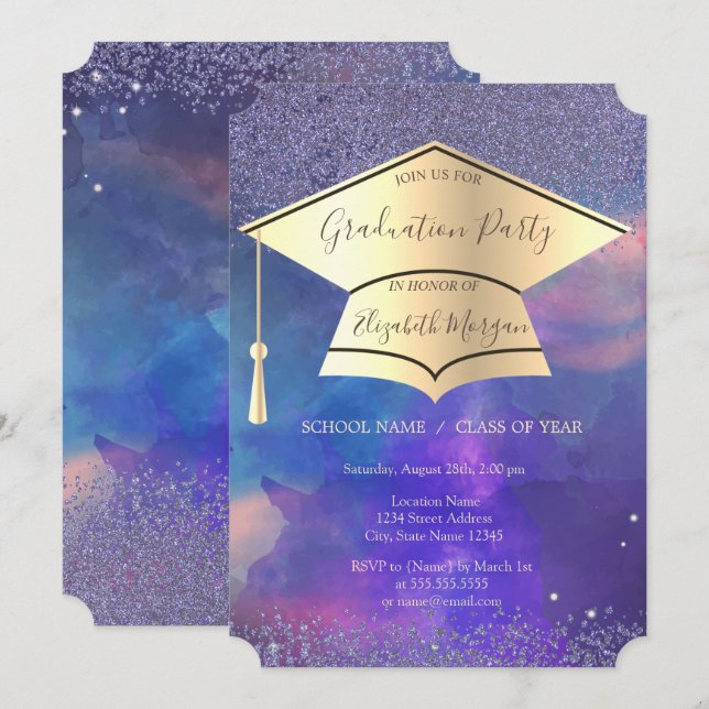Gold Graduation Cap,Diamonds Graduation Invitation (Front/Back)