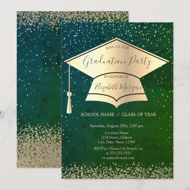 Gold Graduation Cap,Diamonds Green Graduation Invitation (Front/Back)