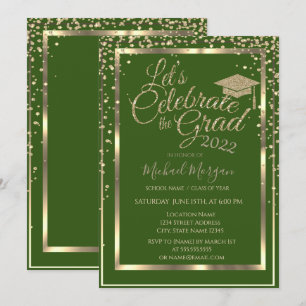 Gold Graduation Cap Diamonds Green Graduation Invitation