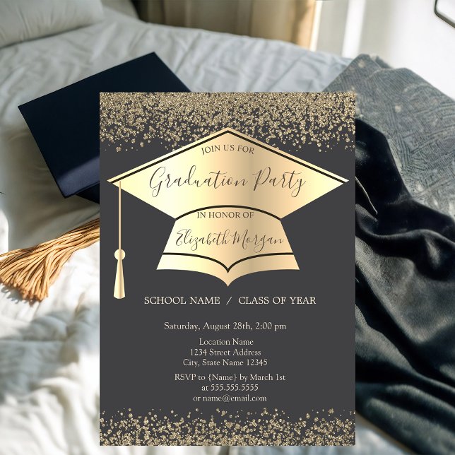 Gold Graduation Cap,Diamonds Grey Graduation Invitation (Creator Uploaded)