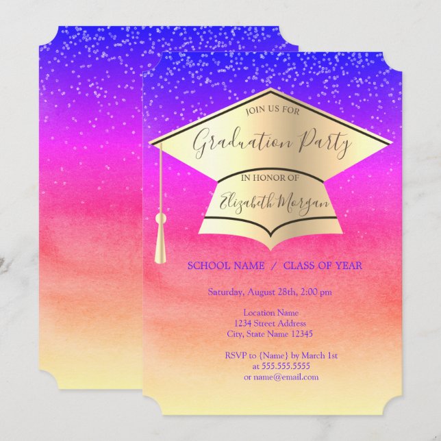 Gold Graduation Cap,Diamonds Ombre Graduation  Invitation (Front/Back)