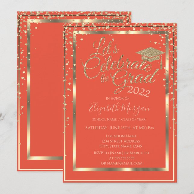 Gold Graduation Cap Diamonds Orange Graduation Invitation (Front/Back)
