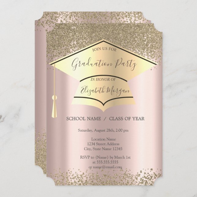 Gold Graduation Cap,Diamonds Rose Gold Graduation  Invitation (Front/Back)
