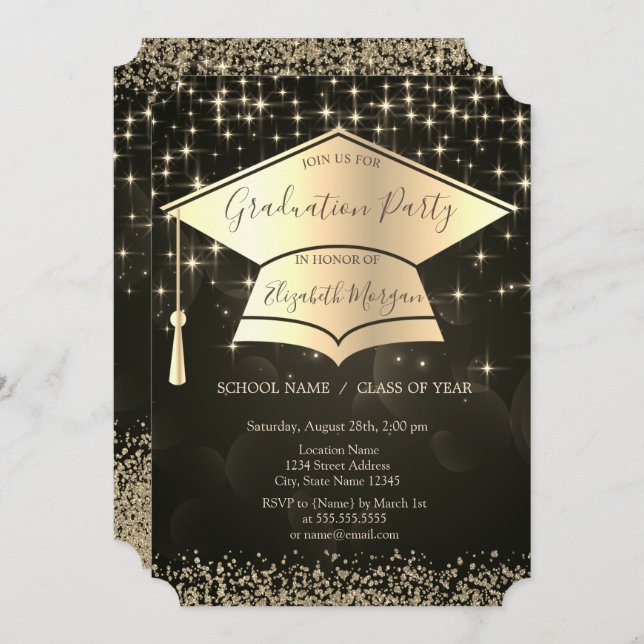 Gold Graduation Cap,Diamonds Stars Graduation Invitation (Front/Back)