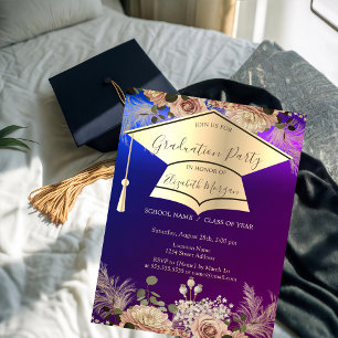 Gold Graduation Cap,Flowers Graduation  Invitation