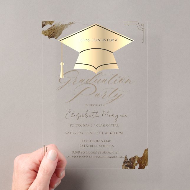 Gold Graduation Cap Frame Gold Brush Stroke Blue Acrylic Invitations (Insitu (Handheld))