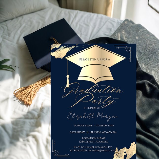 Gold Graduation Cap Frame Gold Brush Stroke Blue Invitation (Creator Uploaded)