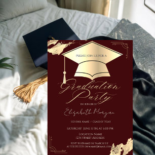 Gold Graduation Cap FrameBrush Stroke Burgundy Invitation