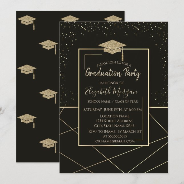  Gold Graduation Cap Geometric Black Graduation Invitation (Front/Back)