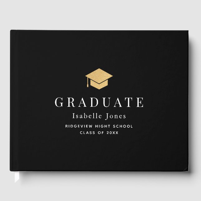 Gold Graduation Cap Minimalist Black Graduation Guest Book (Front)