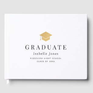 Gold Graduation Cap Minimalist White Graduation Guest Book