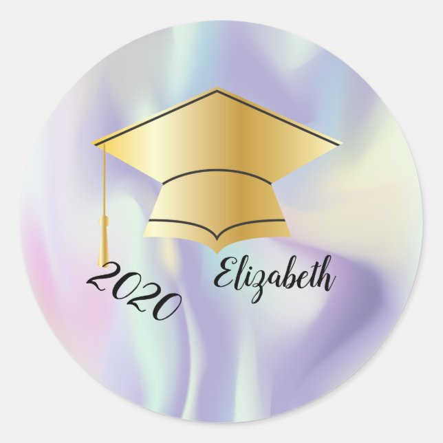 Gold Graduation Cap,Name,Holographic Classic Round Sticker (Front)