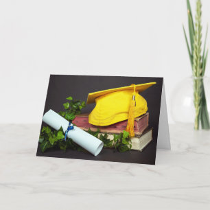 Gold Graduation cap on books Card