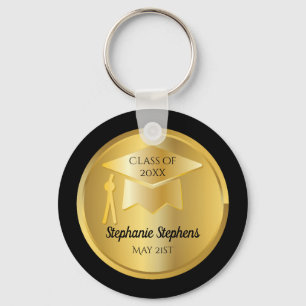 Gold Graduation Cap on Gold Gradient   Black Seal Key Ring