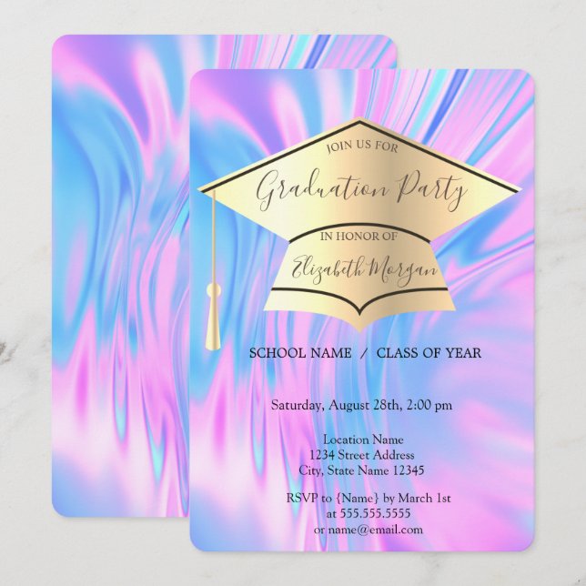 Gold Graduation Cap,Rainbow Holographic Graduation Invitation (Front/Back)