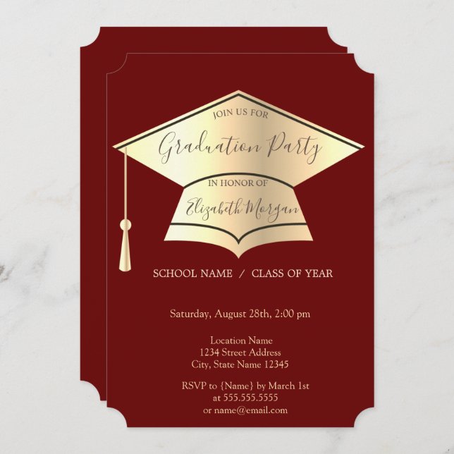 Gold Graduation Cap,Red Graduation  Invitation (Front/Back)