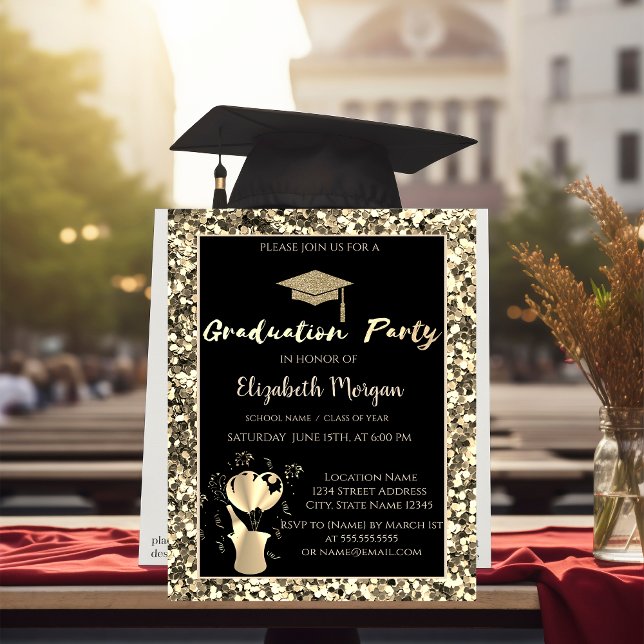 Gold Graduation Cap Sequins Graduation Party Invitation (Creator Uploaded)