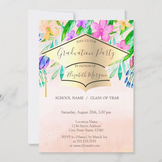 Gold Graduation Cap Spring Flowers Graduation Invitation (Front)