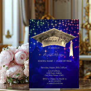 Gold Graduation Cap,Stars Blue Graduation Invitation