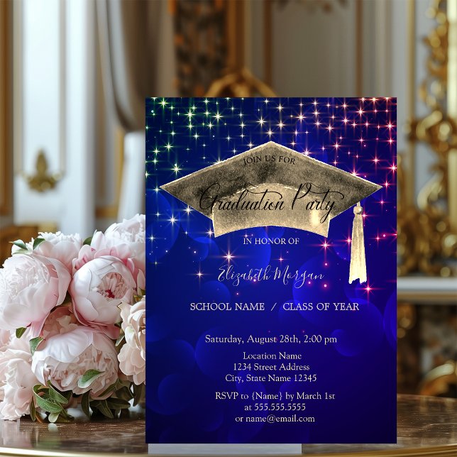 Gold Graduation Cap,Stars Blue Graduation  Invitation (Creator Uploaded)