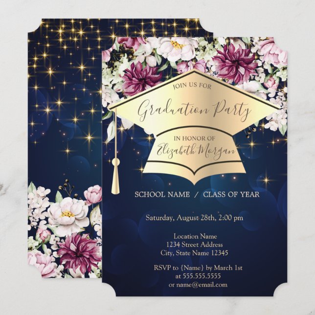 Gold Graduation Cap,Stars,Flowers Blue Graduation  Invitation (Front/Back)