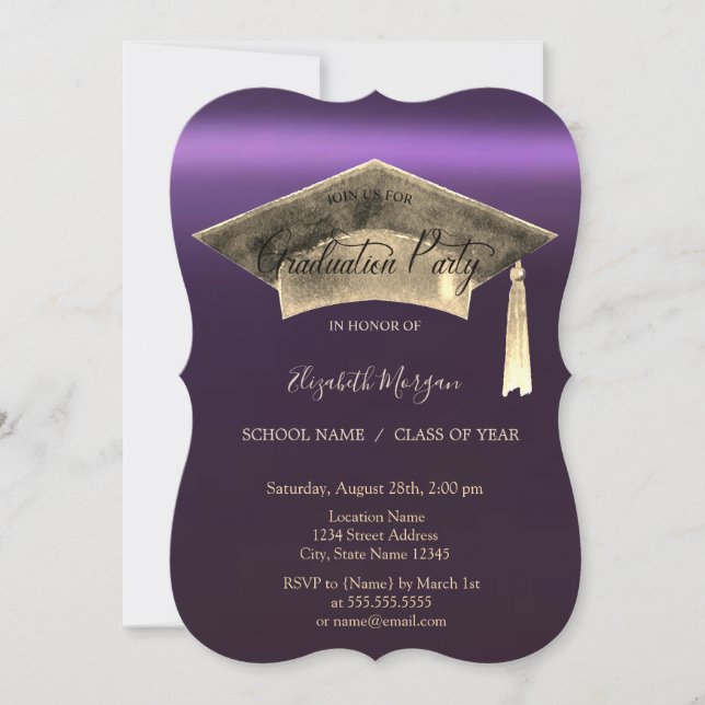 Gold Graduation Cap,Stars Purple Graduation  Invitation (Front)