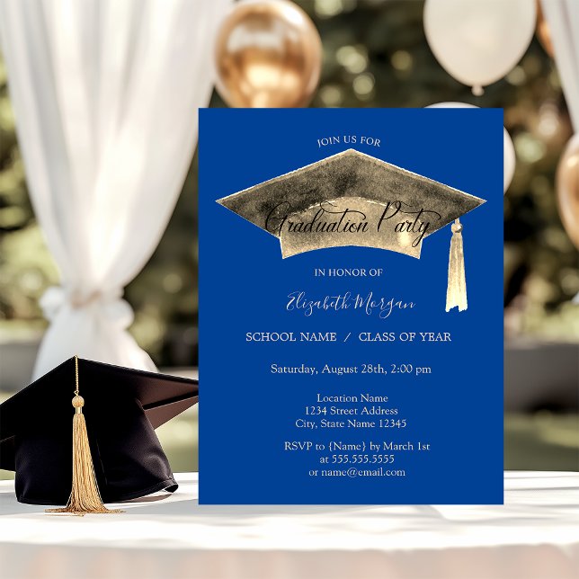 Gold Graduation Cap Tassel Blue Graduation  Invitation (Creator Uploaded)