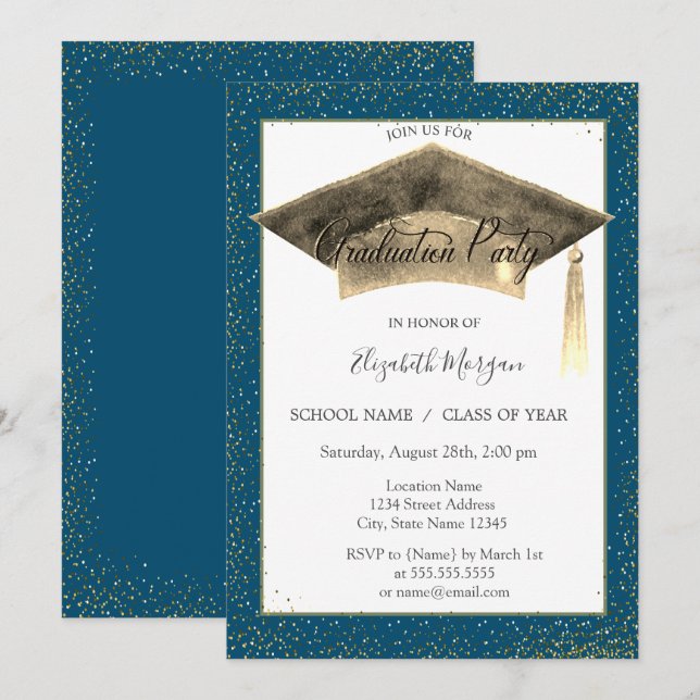Gold Graduation Cap Tassel Confetti Graduation Invitation (Front/Back)