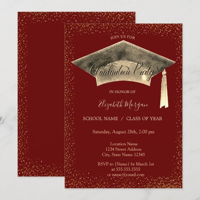 Gold Graduation Cap Tassel Red Graduation  Invitation (Front/Back)