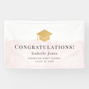 Gold Graduation Cap Watercolor Pink Graduation Banner