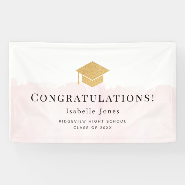 Gold Graduation Cap Watercolor Pink Graduation Banner (Horizontal)