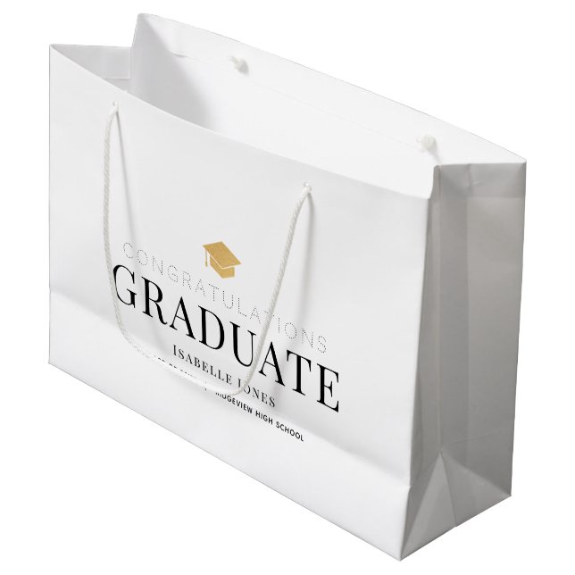 Gold Graduation Cap White Graduation Large Gift Bag (Front Angled)