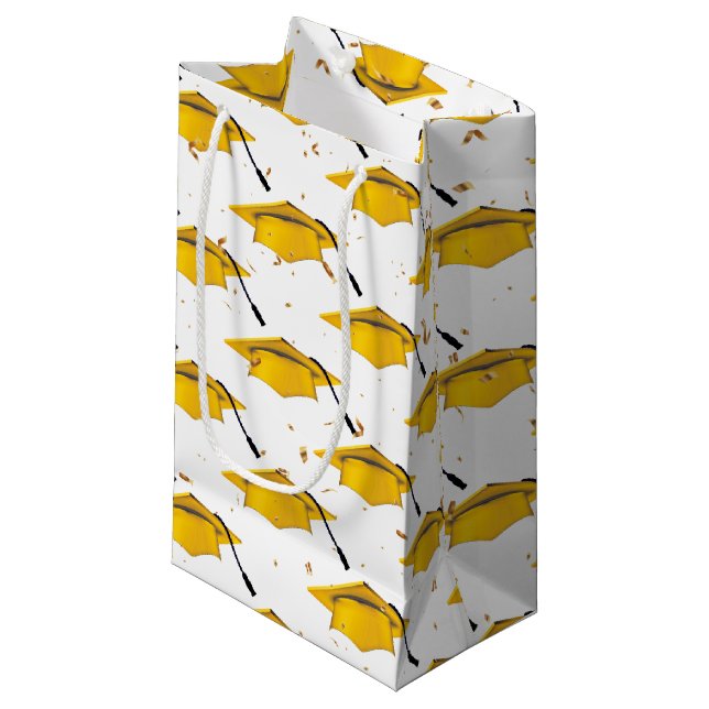 Gold Graduation Cap with Confetti  Small Gift Bag (Front Angled)