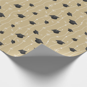 Gold Graduation Caps and Ribbon Wrapping Paper