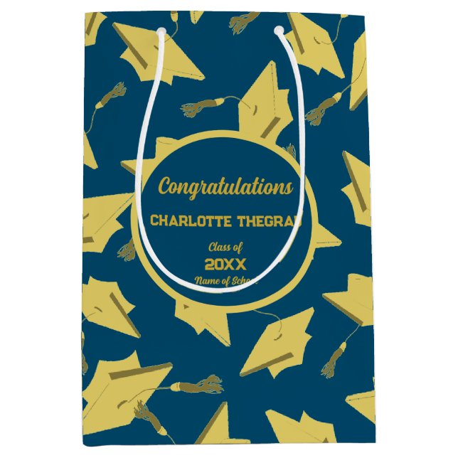 Gold Graduation Caps in the Air on Blue Fun Party Medium Gift Bag (Front)