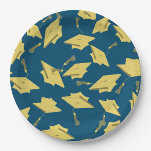 Gold Graduation Caps in the Air on Blue Fun Party Paper Plate