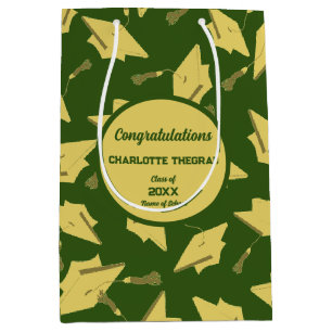 Gold Graduation Caps in the Air on Green Party Medium Gift Bag