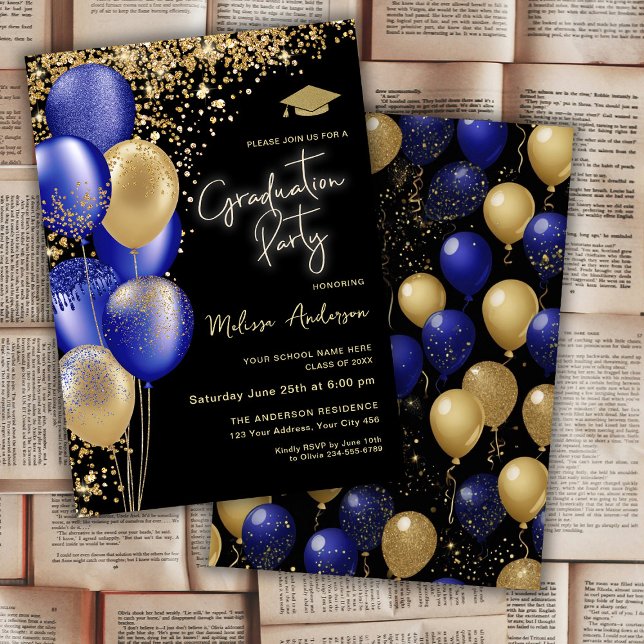 Gold Graduation Party Navy Blue balloons Invitation (Creator Uploaded)
