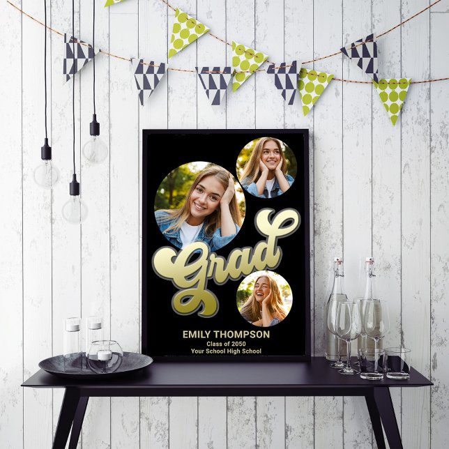 Gold Graduation Party Sign Custom Photo (Graduation party photo poster with gold retro style calligraphy)