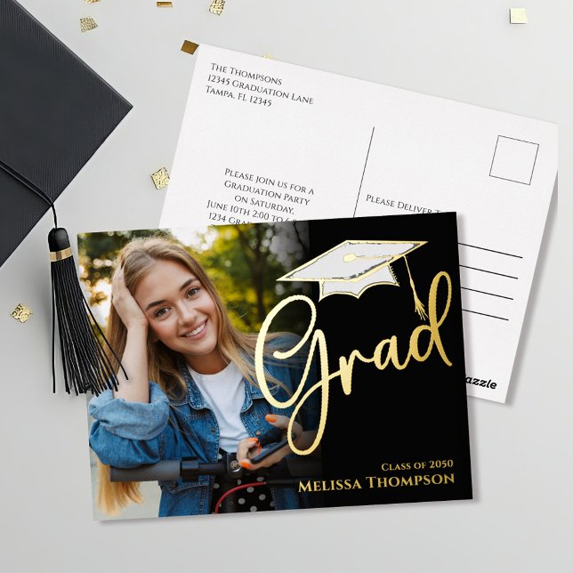 Gold Graduation Photo Invitation Template (Graduation invitaiton announcement postcard template with fold foil. )