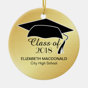 Gold Graduation Sticker Black Mortar Board & Text Ceramic Tree Decoration