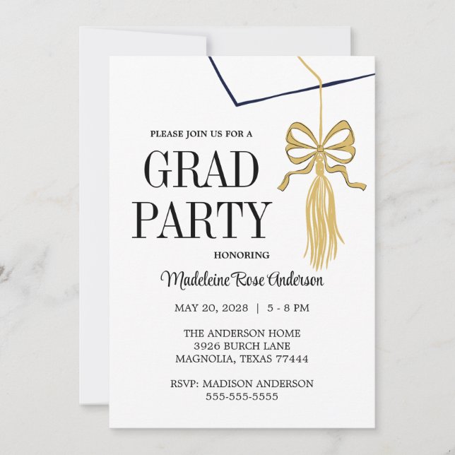 Gold Graduation Tassel Bow Girl Photo  Invitation (Front)